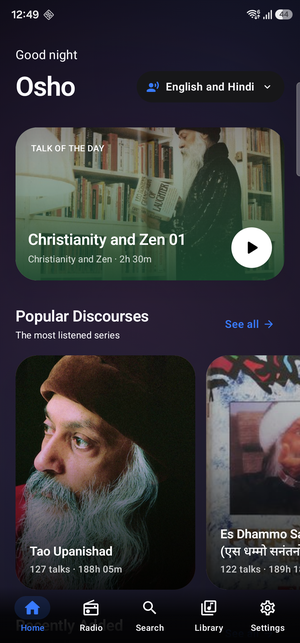Sannyas home screen showing Osho discourse series